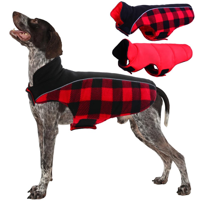 Kuoser Dog Winter Coat, Reversible Waterproof Dog Jacket with Reflective Strip, Warm Dogs Fleece Vest Adjustable Doggy Cold Weather Clothes Plaid Christmas Outfit Pet Apparel for Large Dogs, Red L - Image 1
